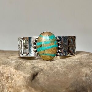 Navajo Kingman Turquoise Stamped Sterling Silver Bracelet Cuff by Daniel Dakai